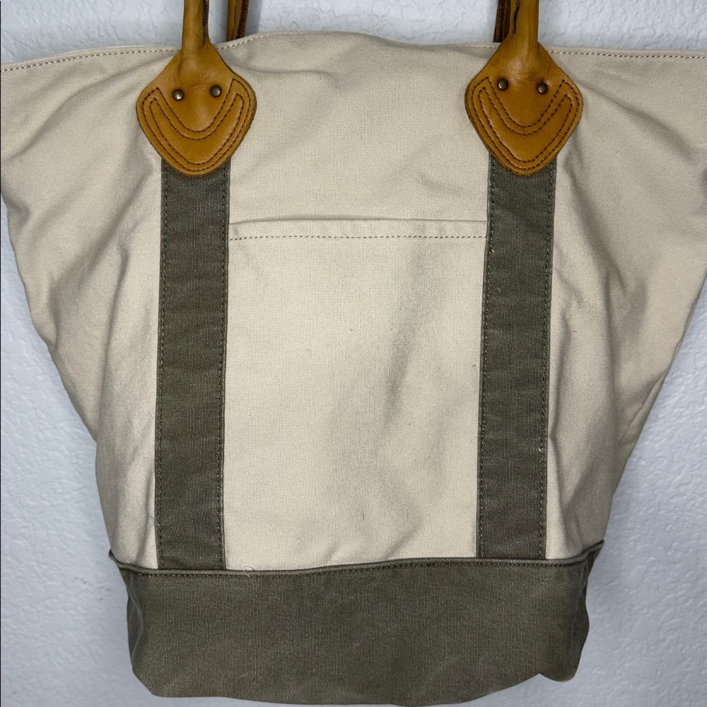 LL Bean Canvas Tote Bag with Tan Leather Handles - Picture 3 of 9